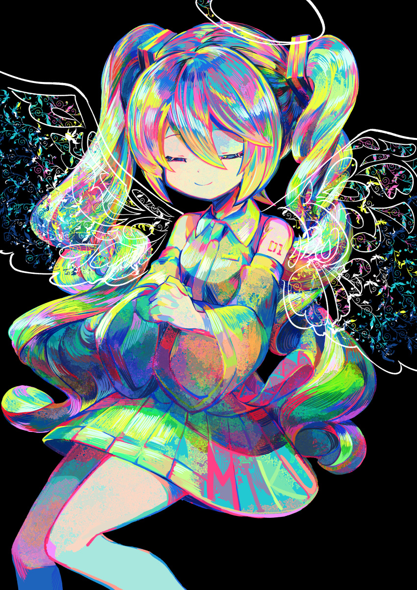 1girl absurdres angel_wings bare_shoulders belt black_background character_name closed_eyes closed_mouth collared_shirt colorful commentary_request dark_background detached_sleeves dot_nose eyelashes facing_viewer feet_out_of_frame fingernails flat_chest hair_between_eyes halo hands_up happy hatsune_miku highres impressionism interlocked_fingers kasaki_sakura knees_together_feet_apart long_hair loose_belt multicolored_clothes multicolored_hair multicolored_shirt multicolored_skirt multicolored_sleeves necktie number_tattoo own_hands_together pleated_skirt shade shirt shoulder_tattoo sidelocks simple_background skirt sleeveless sleeveless_shirt smile solo tattoo transparent_wings twintails very_long_hair vocaloid wavy_hair wide_sleeves wings