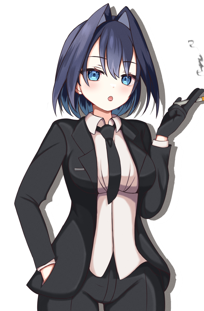 1girl absurdres black_gloves black_necktie black_pants black_suit blue_eyes blue_hair cigarette collared_shirt formal gloves hair_intakes hand_in_pocket highres holding holding_cigarette hololive hololive_english necktie open_mouth ouro_kronii panpanmc4 pant_suit pants shadow shirt short_hair smoke solo suit virtual_youtuber white_shirt