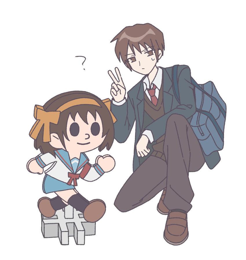 1boy ? bag blue_sailor_collar blue_skirt brown_footwear brown_hair brown_pants brown_sweater_vest closed_mouth collared_shirt commentary_request green_jacket hair_ribbon hairband highres jacket kita_high_school_uniform kyon loafers looking_at_viewer nanonome necktie orange_hairband orange_ribbon pants red_necktie red_ribbon ribbon sailor_collar school_bag school_uniform serafuku shirt shoes short_hair simple_background skirt solo squatting suzumiya_haruhi suzumiya_haruhi_no_yuuutsu sweatdrop sweater_vest white_background white_shirt winter_uniform