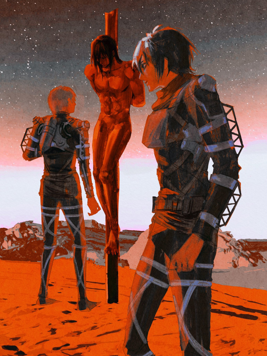 1girl 2boys amuii armin_arlert beach black_bodysuit black_hair blonde_hair bodysuit completely_nude cross crucifixion eren_yeager highres latin_cross long_hair long_sleeves mikasa_ackerman multiple_boys night nude outdoors profile shingeki_no_kyojin short_hair thigh_strap three-dimensional_maneuver_gear