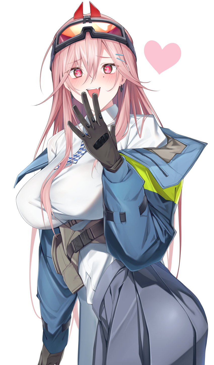 1girl absurdres blue_coat blush breasts brown_gloves checkered_necktie coat commentary commentary_request earrings fang girls_frontline gloves goggles goggles_on_head hair_between_eyes hair_ornament hairclip hand_up heart highres jewelry large_breasts long_hair long_sleeves looking_at_viewer mole mole_under_eye necktie open_mouth pink_eyes pink_hair r_oot shirt shirt_tucked_in sig_mcx_(girls'_frontline) simple_background skirt solo white_background white_shirt
