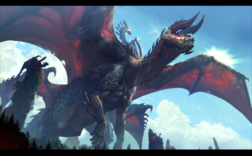 absurdres blue_sky clouds day dragon highres no_humans open_mouth original outdoors size_difference sky standing tree yaziri