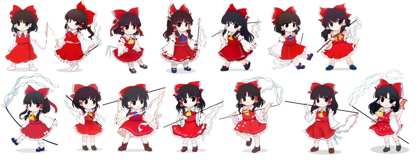 1girl animal_hands arm_up ascot bare_shoulders black_footwear black_hair blue_ascot blush bow brown_eyes brown_footwear brown_hair chibi closed_mouth collared_dress collared_shirt commentary detached_sleeves double_dealing_character dress embodiment_of_scarlet_devil floral_print flying footwear_bow frills full_body gohei hair_bow hair_ornament hair_tubes hakurei_reimu hand_up hands_up hidden_star_in_four_seasons highres holding holding_gohei imperishable_night index_finger_raised leg_up legacy_of_lunatic_kingdom long_hair long_sleeves looking_at_viewer looking_away looking_to_the_side medium_hair mountain_of_faith no_shoes ofuda parted_bangs perfect_cherry_blossom phantasmagoria_of_flower_view ponytail rainbow_gradient red_ascot red_bow red_dress red_eyes red_skirt red_vest rei_(tonbo0430) shadow shirt shoes short_hair simple_background skirt skirt_set smile socks solo standing standing_on_one_leg subterranean_animism ten_desires touhou unconnected_marketeers undefined_fantastic_object unfinished_dream_of_all_living_ghost v-shaped_eyebrows vest walking white_background white_bow white_shirt white_socks wide_sleeves wily_beast_and_weakest_creature yellow_ascot