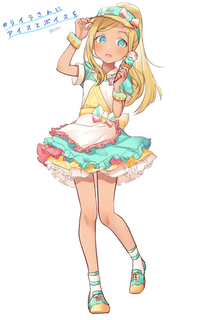 1girl absurdres aqua_eyes blonde_hair blush chiyosuke_(nosuke21) commentary_request dark-skinned_female dark_skin dress full_body highres holding_ice_cream idolmaster idolmaster_cinderella_girls layla_(idolmaster) long_hair looking_at_viewer multicolored_clothes multicolored_dress open_mouth ponytail shoes short_sleeves simple_background sketch smile sneakers solo visor_cap white_background wrist_cuffs