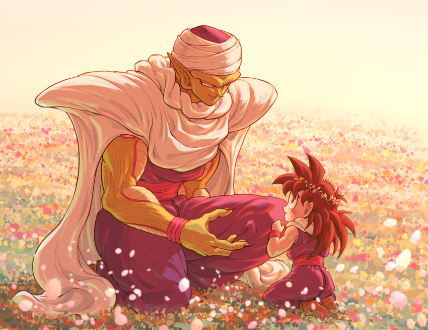 2boys biceps black_eyes black_hair black_nails black_wristband blush boots brown_footwear cape child colored_skin commentary_request dougi dragon_ball dragon_ball_z field fingernails flower flower_field flower_wreath green_skin hand_up head_wreath kneeling koukyouji long_fingernails long_hair looking_at_another male_child male_focus multiple_boys namekian on_one_knee open_mouth parted_lips petals piccolo pointy_ears red_sash sash sharp_fingernails shoulder_pads smile son_gohan turban v-shaped_eyebrows white_cape wristband