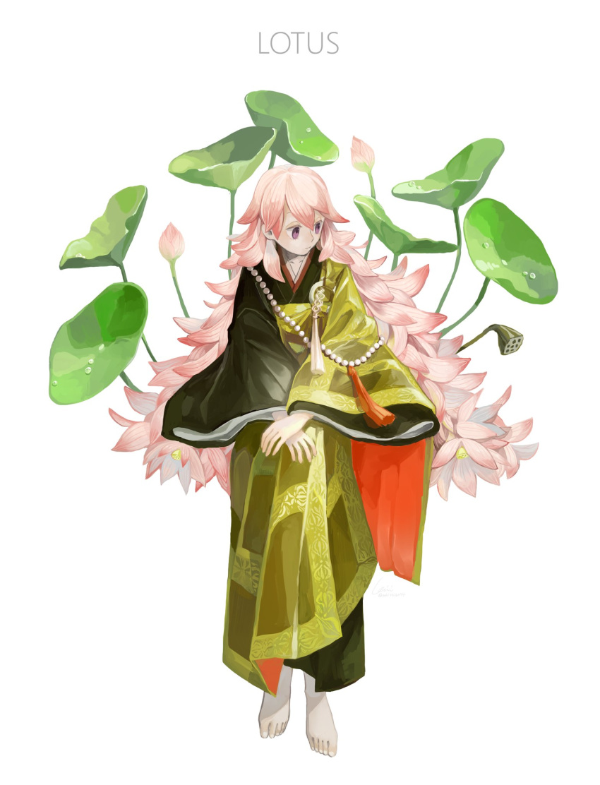 1girl barefoot beads black_kimono bud commentary dew_drop english_commentary flower full_body highres invisible_chair japanese_clothes kamura_gimi kesa kimono long_hair long_sleeves looking_away looking_to_the_side lotus lotus_leaf lotus_pod o-ring original own_hands_together petals pink_flower pink_hair plant_hair prayer_beads simple_background sitting solo tassel very_long_hair violet_eyes water_drop white_background wide_sleeves