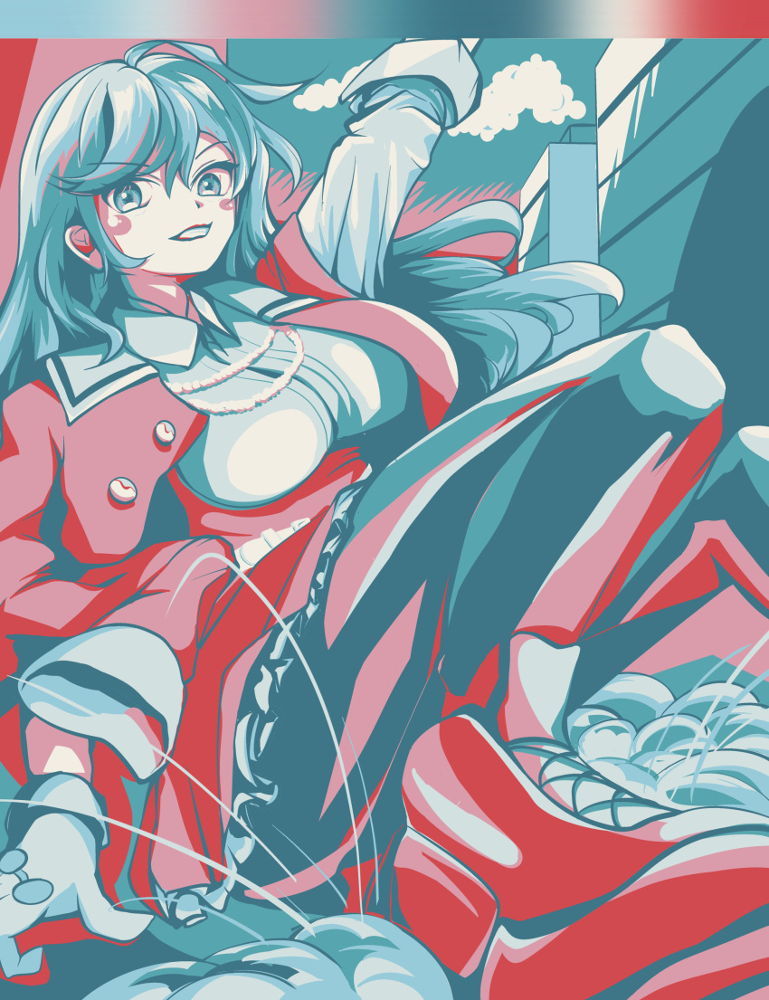 1girl absurdres ahoge aqua_eyes aqua_hair aqua_pantyhose aqua_sky arm_at_side arm_up assault_lily blush breasts buttons clouds collared_shirt color_guide commentary_request day floating_hair foot_out_of_frame frilled_skirt frills gloves grey_gloves grey_shirt grin hair_between_eyes high-waist_skirt highres jacket jacket_on_shoulders knees_up limited_palette long_hair looking_at_viewer medium_breasts miwada_rito nifu_(nixets) on_ground open_clothes open_jacket outdoors outstretched_arm pantyhose red_footwear red_jacket red_skirt school_uniform shirt shoes sitting skirt smile sneakers solo v-shaped_eyebrows