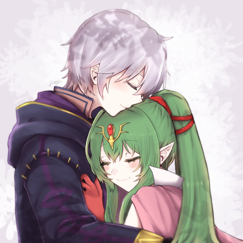 1boy 1girl black_robe blush cape closed_eyes closed_mouth commentary_request fire_emblem fire_emblem_awakening gloves green_hair hair_between_eyes hair_ornament height_difference hetero high_collar highres hood hood_down hooded_robe hug jewelry long_hair long_sleeves misato_hao pink_cape pointy_ears ponytail profile red_gloves robe robin_(fire_emblem) robin_(male)_(fire_emblem) short_hair sidelocks signature smile tiki_(adult)_(fire_emblem) tiki_(fire_emblem) white_hair