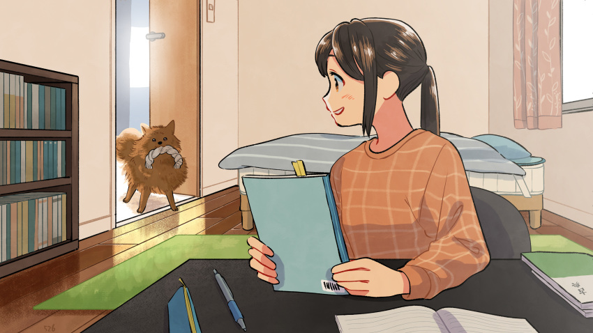 1girl bed bedroom blush book bookmark bookshelf brown_eyes brown_hair chair curtains day dog grin hair_between_eyes highres holding holding_book indoors kojiro337 leaning_on_table long_bangs long_hair long_sleeves looking_at_animal looking_back notebook open_book open_door open_mouth orange_shirt original pen pillow pomeranian_(dog) ponytail pouch rug shirt sidelocks sitting sleeve_cuffs smile solo table teeth window wooden_floor