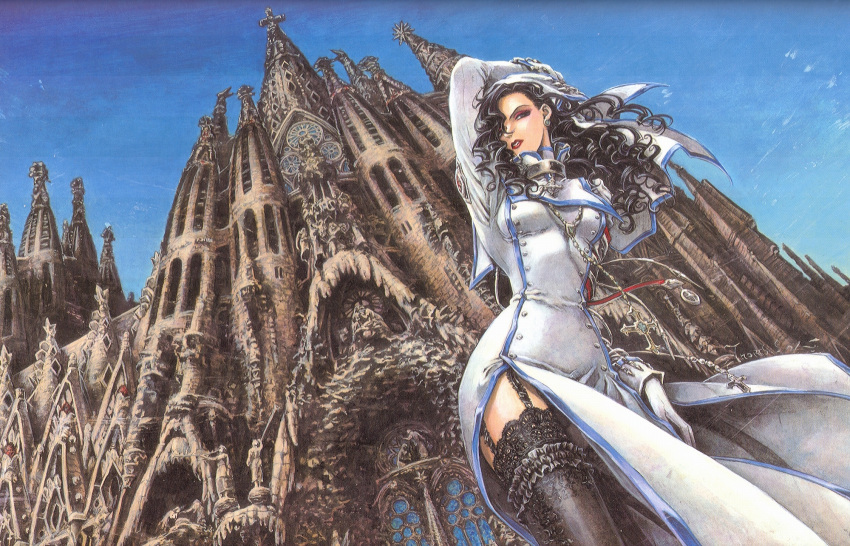 barcelona black_eyes black_hair black_legwear church collar cross curly_hair dress earrings eyeshadow garter_straps garters gloves habit hair_over_one_eye highres jewelry lace lace-trimmed_thighhighs lipstick long_hair makeup necklace noelle_bor nun official_art outdoors pendant sagrada_familia scan shibamoto_thores side_slit skin_tight sky solo spain standing thighhighs trinity_blood