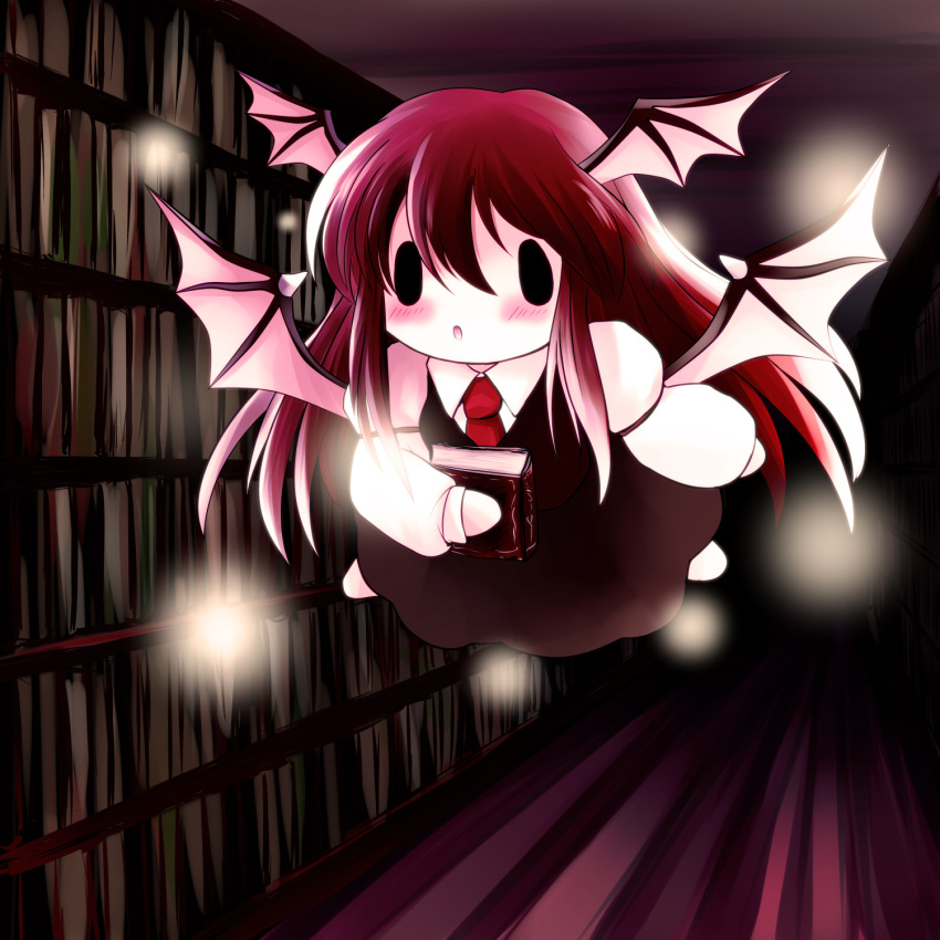 1girl bat_wings book head_wings highres koakuma library necktie touhou voile wings yume_shokunin