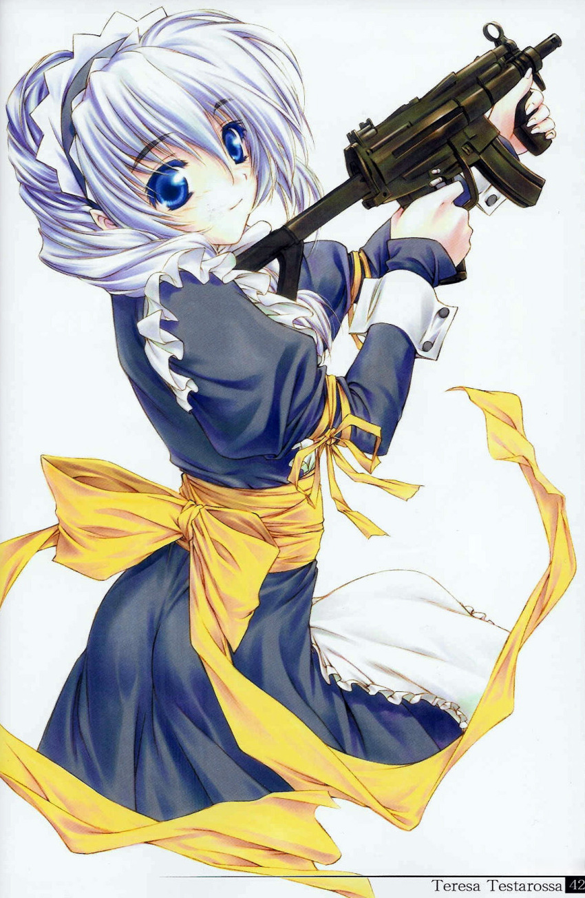 apron full_metal_panic! gun h&amp;k_mp5 highres maid morino_kiriko scan submachine_gun teletha_testarossa weapon