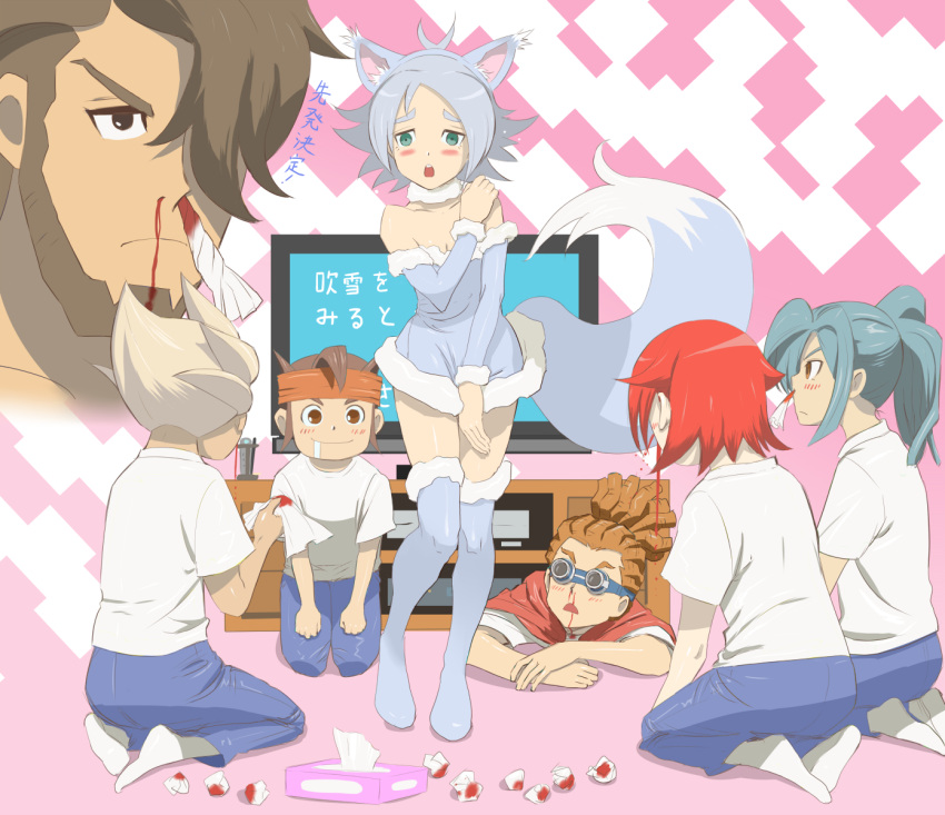 ahoge crossdressing embarrassed endou_mamoru fubuki_shirou gouenji_shuuya inazuma_eleven kazemaru_ichirouta kiyama_hiroto napkin nosebleed televisions thigh-highs trap