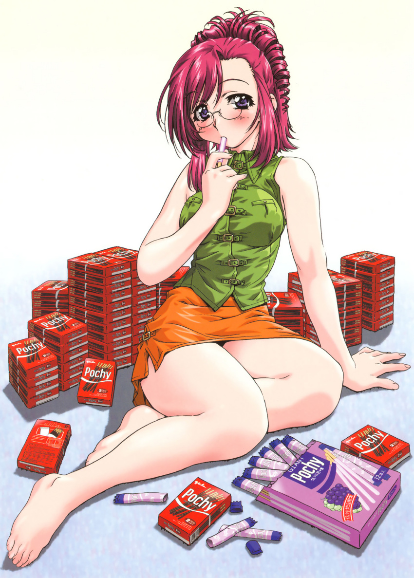 barefoot blush breasts chocolate drill_hair embarrassed feet glasses hair_up highres kazami_mizuho large_breasts legs miniskirt onegai_teacher pince-nez pink_hair pocky ponytail purple_eyes scan sitting skirt sleeveless solo strap uon_taraku