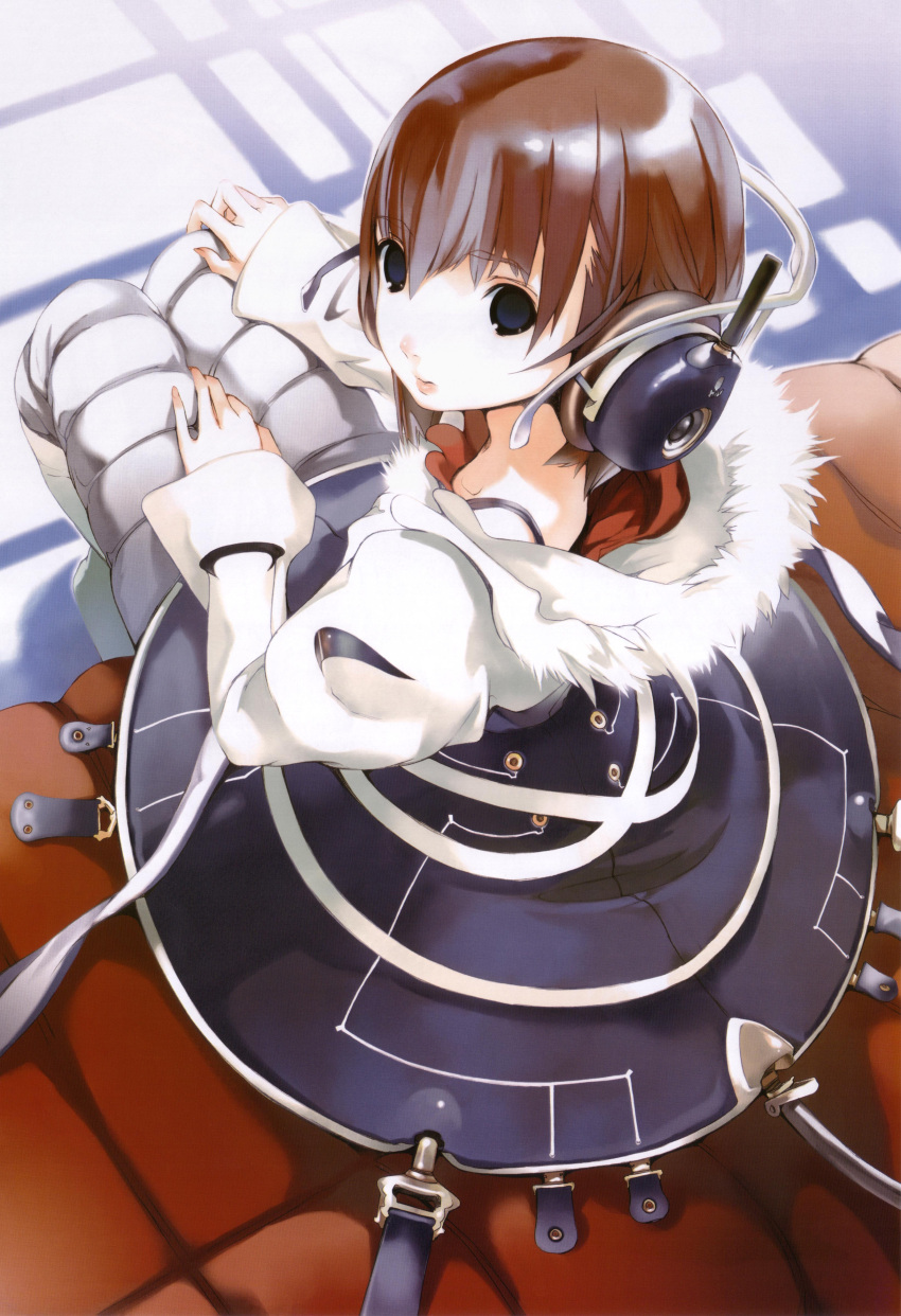 blue_eyes boots brown_hair from_above fur girl's_avenue headphones highres houden_eizou knee_boots looking_back looking_up megami short_hair sitting skirt solo