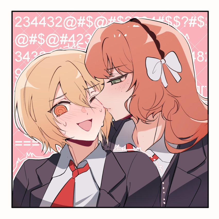 2girls @_@ after_kiss black_hairband black_jacket blonde_hair blush bow closed_mouth collared_shirt don_quixote_(limbus_company) english_commentary freckles gibberish_text green_eyes hair_between_eyes hair_bow hairband half-closed_eyes highres ishmael_(limbus_company) jacket jenn_(perfgimm) limbus_company long_hair looking_at_another looking_away multiple_girls necktie one_eye_closed open_mouth orange_eyes orange_hair outline pink_background project_moon red_necktie shirt sideways_glance sweat sweating_profusely trembling upper_body white_bow white_outline white_shirt yuri