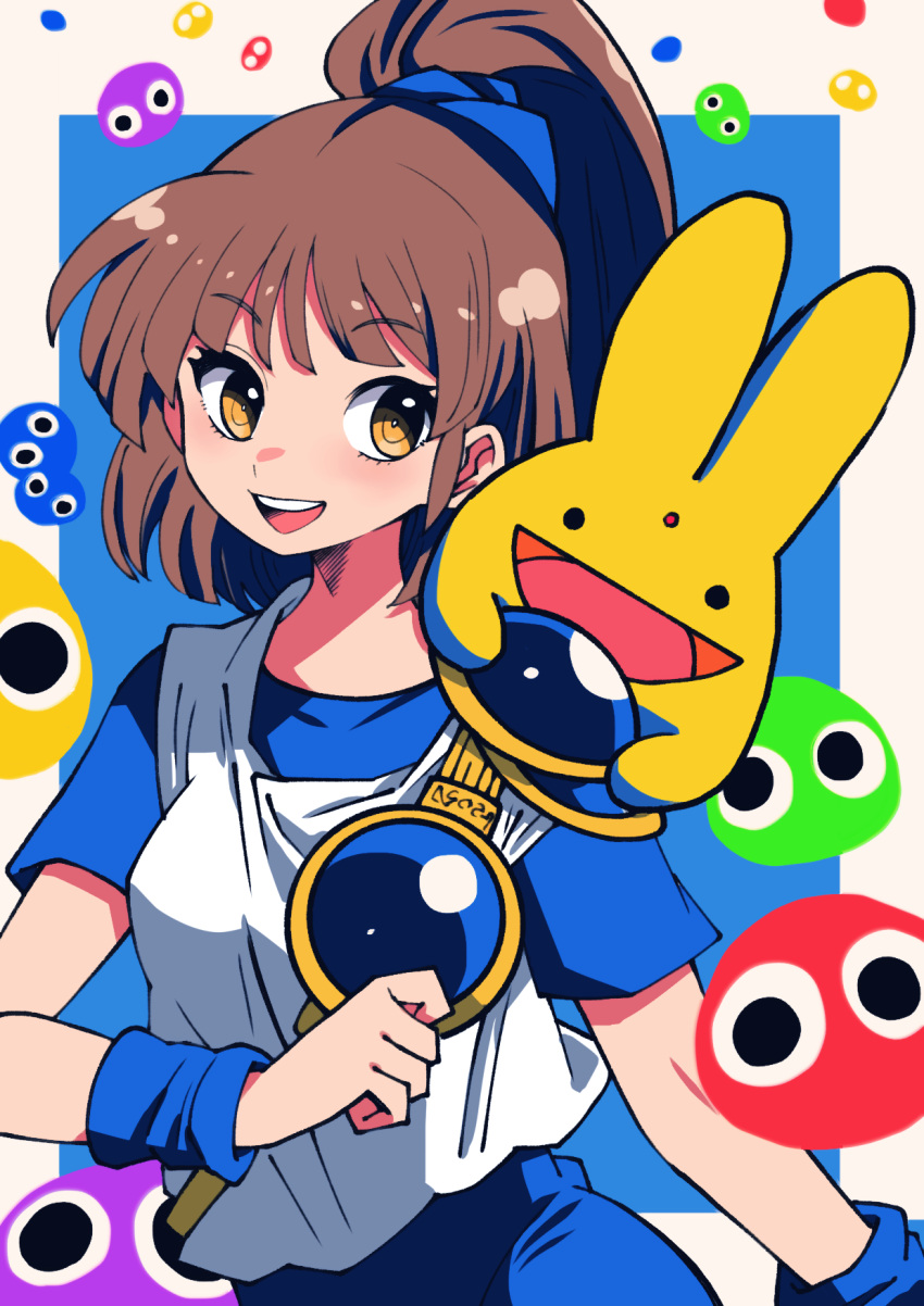 1boy 1girl arle_nadja batchgooya brown_hair carbuncle_(puyopuyo) highres looking_at_viewer multiple_others open_mouth ponytail puyo_(puyopuyo) puyopuyo smile yellow_eyes