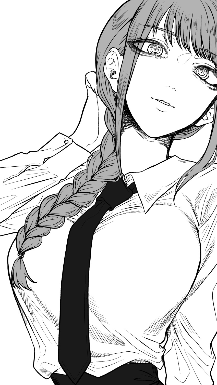 1girl absurdres black_necktie braid braided_ponytail breasts chainsaw_man collared_shirt greyscale hair_over_shoulder haru_rice highres large_breasts looking_at_viewer makima_(chainsaw_man) medium_hair monochrome necktie parted_lips ringed_eyes shirt shirt_tucked_in sidelocks simple_background solo white_background