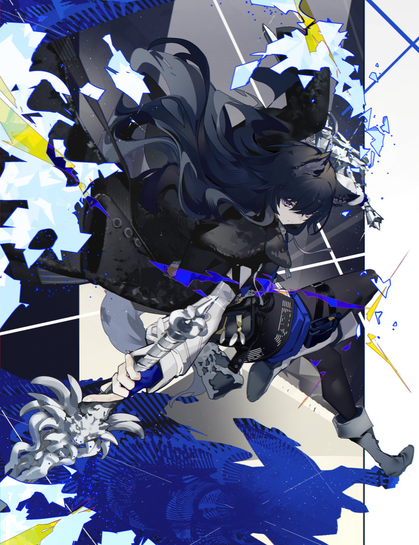 1girl abstract_background absurdres animal_ears arknights black_hair black_jacket black_pantyhose blue_gloves boots closed_mouth colored_shadow commentary diffraction_spikes dual_wielding english_commentary fingerless_gloves floating_hair foot_up full_body glint gloves highres holding holding_sword holding_weapon index_finger_raised jacket knee_boots light_particles long_hair long_sleeves looking_at_viewer looking_back outstretched_arms pantyhose reverse_grip serious shadow shiba_(s_hi_ba_) solo sword texas_(arknights) texas_the_omertosa_(arknights) thigh_pouch violet_eyes weapon white_footwear white_sleeves wolf_ears wolf_girl
