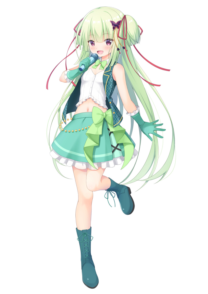 1girl 7fuji_06 :d aqua_skirt bare_shoulders bell blue_footwear blunt_bangs blush boots bow butterfly_hair_ornament commentary flat_chest frilled_gloves frilled_shirt frilled_skirt frills full_body gloves green_bow green_gloves green_hair green_ribbon hair_bell hair_ornament hair_ribbon hair_spread_out hand_up highres hime_cut holding holding_microphone idol long_hair looking_afar microphone miniskirt murasame_(senren) music navel open_mouth red_eyes red_ribbon ribbon senren_banka shirt sidelocks simple_background singing skirt smile solo straight_hair two_side_up very_long_hair white_background white_shirt
