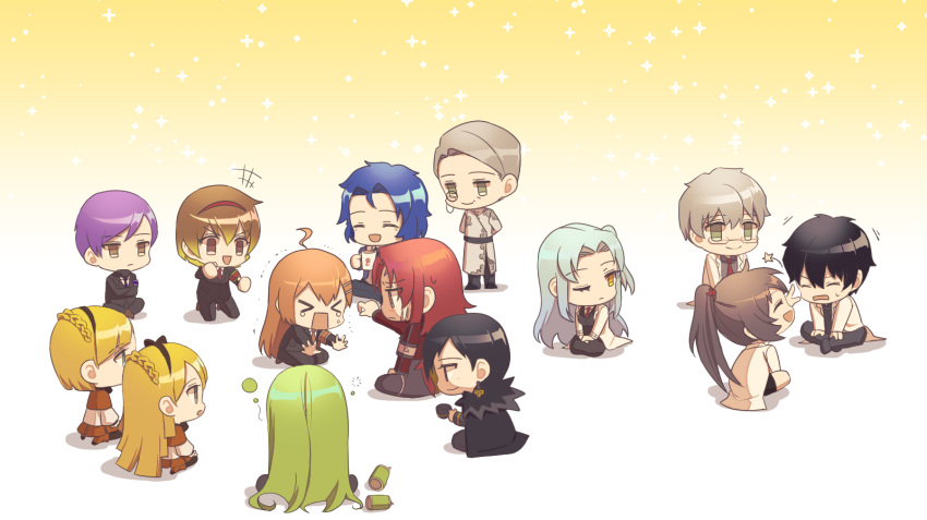 &gt;_&lt; +++ 6+boys 6+girls ahoge angela_(project_moon) aqua_eyes armband arms_behind_back ayin_(project_moon) belt benjamin_(project_moon) binah_(project_moon) black_belt black_bodysuit black_cape black_dress black_gloves black_hair black_jacket black_pants black_skirt black_sweater black_vest blonde_hair blue_hair blue_jacket bodysuit boots braid brown_armband brown_capelet brown_eyes brown_footwear brown_hair brown_hairband brown_necktie brown_pantyhose brown_ribbon brown_skirt cape capelet carmen_(project_moon) chesed_(project_moon) chibi closed_eyes closed_mouth collared_shirt commentary_request cropped_jacket crossed_arms crown_braid crying cup dress formal fur-trimmed_cape fur_trim gebura_(project_moon) glasses gloves gradient_hair green_eyes green_hair grey_hair grey_shirt hair_ornament hair_ribbon hairband hairclip highres hod_(project_moon) hokma_(project_moon) holding holding_cup jacket kneeling ktsis lab_coat light_blue_hair lobotomy_corporation long_hair long_sleeves malkuth_(project_moon) mole mole_under_eye monocle mug multicolored_hair multiple_boys multiple_girls necktie netzach_(project_moon) one_eye_closed open_clothes open_jacket open_mouth pants pantyhose parted_bangs ponytail project_moon purple_armband purple_hair purple_necktie red_armband red_hairband red_jacket red_necktie redhead ribbed_sweater ribbon scar scar_on_cheek scar_on_face shirt short_hair side_ponytail sitting skirt smile star_(symbol) suit sweat sweater tiphereth_a_(project_moon) tiphereth_b_(project_moon) turtleneck turtleneck_sweater vest white_shirt yellow_eyes yesod_(project_moon)