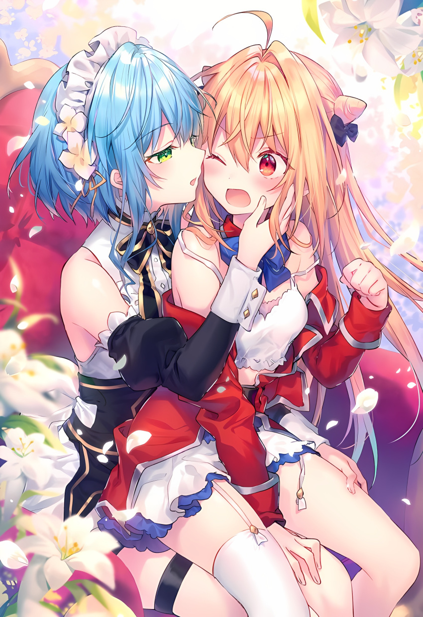 2girls absurdres ahoge blonde_hair blue_hair breasts clothes_removed couch fang flower green_eyes hand_on_another's_head hand_on_another's_thigh highres hikikomari_kyuuketsuki_no_monmon huge_breasts lily_(flower) long_hair looking_at_another maid md5_mismatch military military_uniform multiple_girls official_art one_eye_closed open_mouth red_eyes resized resolution_mismatch riichu short_hair sitting small_breasts source_smaller terakomari_gandezblood thigh-highs uniform upscaled villhaze yuri