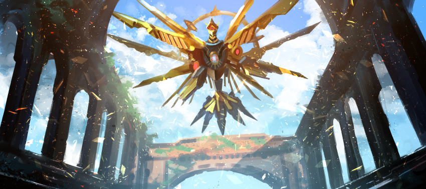 1other absurdres asaki_(asaki_vision) bird clouds duel_monster falcon flying highres looking_at_viewer mechanical_wings other_focus raidraptor_-_ultimate_falcon ruins sky solo_focus wings yu-gi-oh!