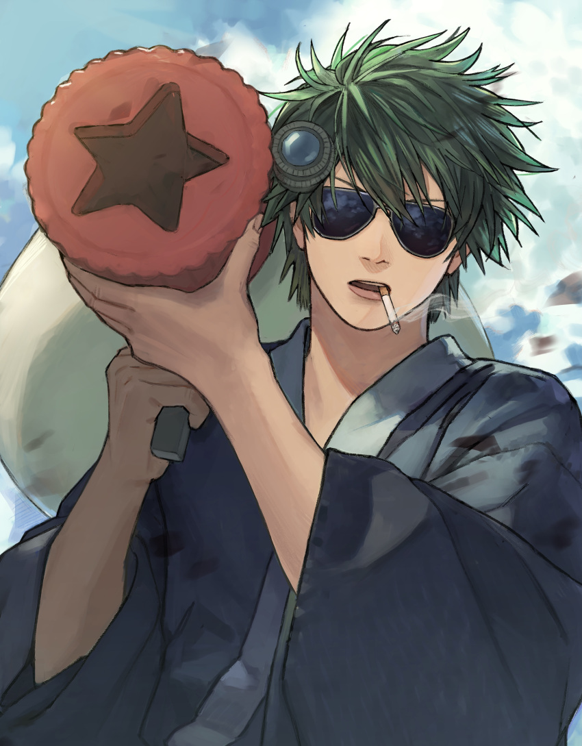 1boy absurdres cigarette clouds cloudy_sky commentary_request day fukuo_kidney gintama highres hijikata_toushirou holding holding_rocket_launcher japanese_clothes kimono male_focus official_alternate_costume outdoors sky smoke smoking solo sunglasses upper_body