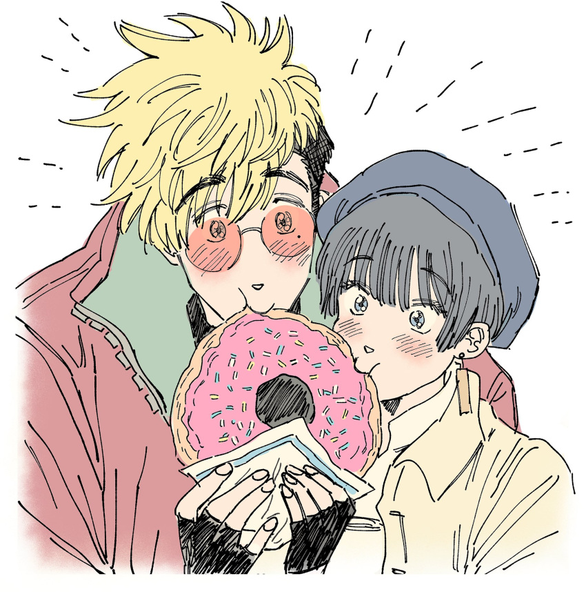 1boy 1girl biting black_gloves blush couple doughnut earrings fingerless_gloves food gloves highres jewelry meryl_stryfe mole mole_under_eye pizza202020 short_hair simple_background trigun trigun_stampede vash_the_stampede white_background