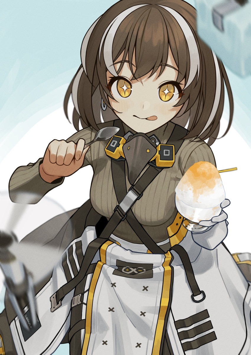 +_+ 1girl arknights bob_cut breasts brown_hair drone earrings food highres jewelry licking_lips magallan_(arknights) medium_breasts ribbed_sweater shaved_ice shoujo_l single_earring spoon sweater tongue tongue_out yellow_eyes