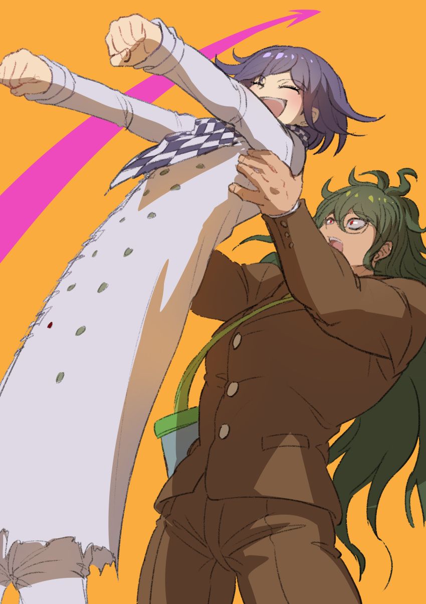 2boys :d absurdres brown_jacket brown_pants buttons checkered_clothes checkered_scarf clenched_hands closed_eyes danganronpa_(series) danganronpa_v3:_killing_harmony glasses gokuhara_gonta green_hair grey_jacket grey_pants highres insect_cage jacket lifting_person long_hair long_sleeves male_focus meme multiple_boys open_mouth orange_background pants scarf short_hair simple_background smile youko-shima