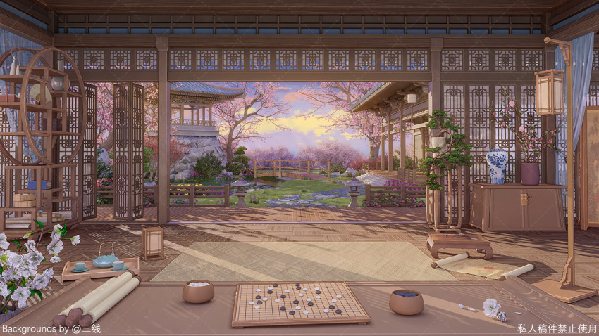 architecture board_game bridge clouds cup drawer east_asian_architecture evening flower flower_pot go_(board_game) indoors no_humans original plant purple_sky sanxian_(wufs4222) scenery scroll shelf sky stone_lantern teacup teapot tray tree vase