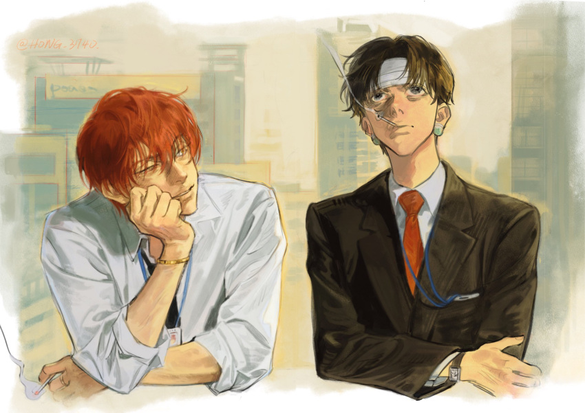 2boys alternate_costume bandaged_head bandages black_hair black_necktie black_suit bracelet chrollo_lucilfer cigarette earrings formal grey_eyes hair_between_eyes hand_on_own_face highres hisoka_morow holding holding_cigarette hong_3740 hunter_x_hunter jewelry long_sleeves looking_at_another looking_up male_focus multiple_boys name_tag necktie red_necktie redhead shirt short_hair sleeves_rolled_up smoke smoking suit upper_body watch watch white_shirt yellow_eyes