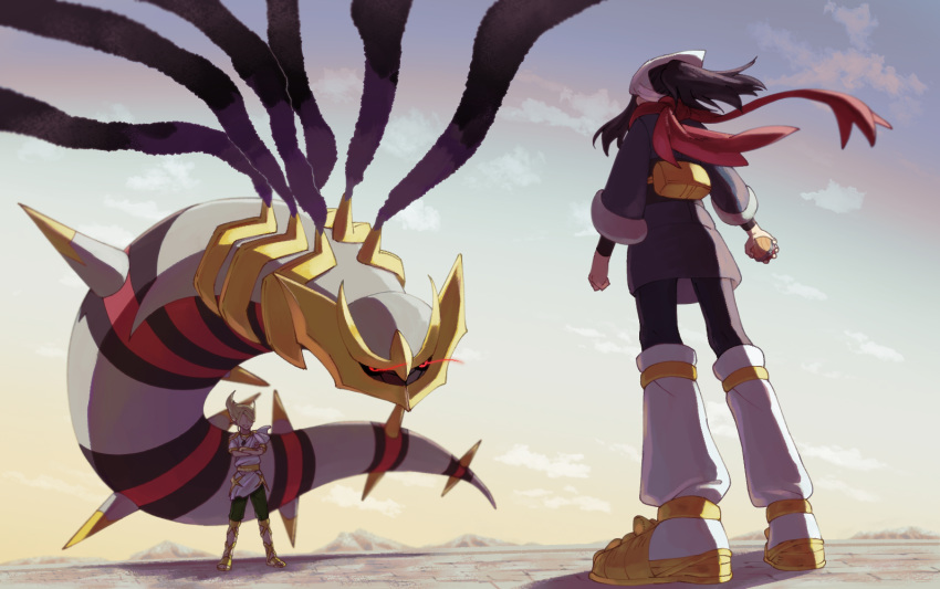 1boy 1girl akari_(pokemon) amiebi clenched_teeth commentary_request crossed_arms floating giratina head_scarf holding holding_poke_ball medium_hair no_mouth official_alternate_costume official_alternate_hairstyle outdoors poke_ball pokemon pokemon_(creature) pokemon_(game) pokemon_legends:_arceus red_eyes red_scarf scarf smile spoilers teeth volo_(pokemon)