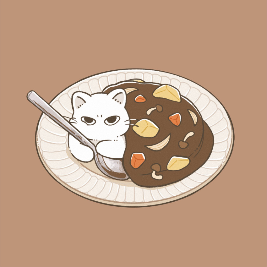 animal brown_background carrot cat commentary_request curry flat_color food food_focus highres holding holding_spoon iguana_taisa looking_at_viewer no_humans on_plate original plate potato simple_background spoon white_cat