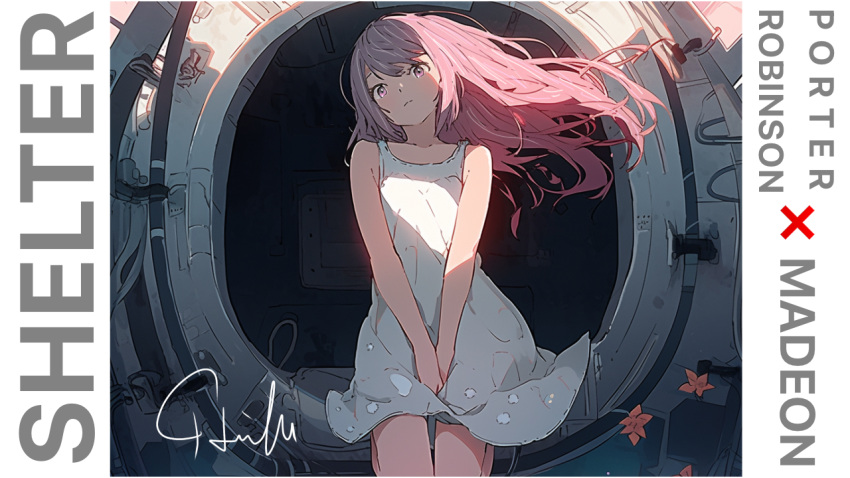1girl closed_mouth copyright_name dress haluchilu hands_on_own_thighs looking_at_viewer rin_(shelter) shelter_(song) signature sleeveless sleeveless_dress solo sundress tagme