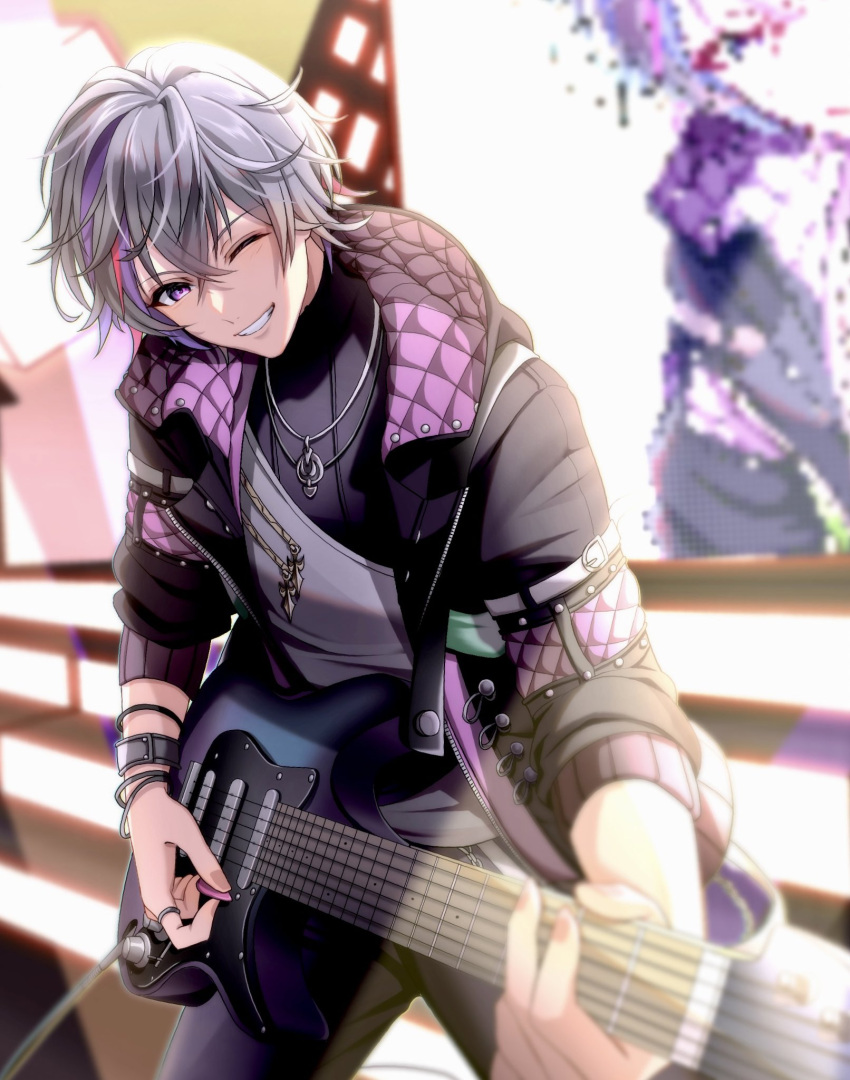 1boy bracelet fuwa_minato grey_hair grin guitar highres holding holding_plectrum instrument jacket jewelry male_focus meme_(mm_ta_mm) multicolored_hair music necklace nijisanji one_eye_closed open_clothes open_jacket pants playing_instrument plectrum purple_hair purple_jacket purple_pants redhead ring smile solo stage streaked_hair undershirt violet_eyes virtual_youtuber