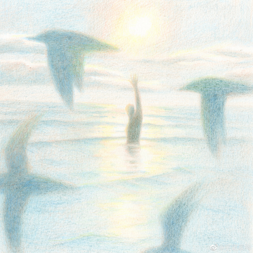 1boy absurdres arm_up bird faceless faceless_male highres looking_at_viewer male_focus original painterly partially_submerged perspective short_hair solo sunlight surreal waving yuzhou_fei_gou