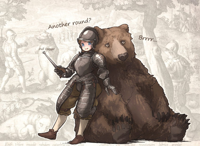 animal armor bear blue_eyes breastplate dagger english_text full_armor gauntlets helm helmet highres ironlily knife leaning_on_animal original pauldrons plate_armor polearm shoulder_armor soldier tree weapon