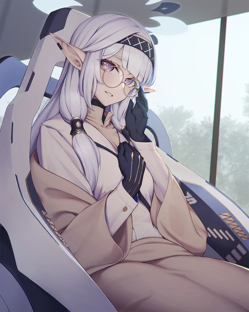 1girl black_gloves blue_archive blush breasts glasses gloves hair_ornament hair_tubes hairband halo hand_on_eyewear highres himari_(blue_archive) indoors jacket long_hair long_sleeves looking_at_viewer medium_breasts mole mole_under_eye open_clothes parted_lips pointy_ears powered_wheelchair rotix round_eyewear sitting smile solo striped striped_hairband violet_eyes wheelchair white_hair