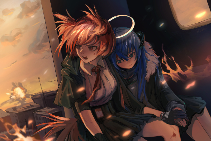 2girls arknights black_gloves black_jacket black_skirt blood blood_on_face blue_eyes blue_hair breasts building closed_mouth clouds collared_shirt commentary_request dress_shirt explosion fiammetta_(arknights) gloves halo highres horns jacket jiuguizhi long_hair medium_breasts mostima_(arknights) multiple_girls open_clothes open_jacket open_mouth pleated_skirt red_eyes redhead shirt short_sleeves sitting skirt sky sunset very_long_hair white_shirt