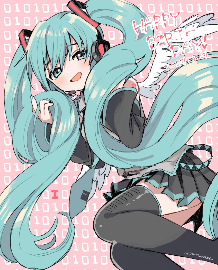 1girl amezawa_koma angel_wings aqua_eyes aqua_hair aqua_nails bare_shoulders binary blush detached_sleeves feathered_wings happy_birthday hatsune_miku headphones headset highres holding holding_hair long_hair looking_at_viewer necktie open_mouth pink_background pleated_skirt shirt skirt sleeveless sleeveless_shirt smile solo thigh-highs twintails two-tone_background very_long_hair vocaloid white_wings wings zettai_ryouiki