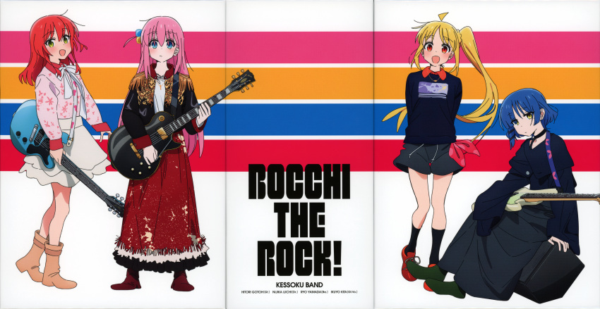 4girls absurdres ahoge arms_behind_back bass_guitar black_socks blonde_hair blue_eyes blue_hair bocchi_the_rock! boots bow brown_footwear color_halftone copyright_name cosplay crease cube_hair_ornament dress electric_guitar epaulettes gotou_hitori green_eyes guitar hair_ornament highres holding holding_instrument ijichi_nijika incredibly_absurdres instrument kerorira kita_ikuyo kita_ikuyo_(cosplay) lineup long_hair looking_at_viewer multiple_girls non-web_source official_art one_side_up pink_hair pleated_skirt red_dress red_eyes red_footwear redhead scan short_hair side_ponytail sitting skirt smile socks standing white_footwear yamada_ryou yellow_eyes