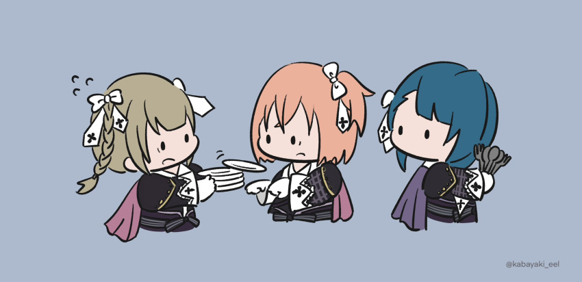 3girls aizawa_kazuha amamiya_sophia_seren assault_lily black_jacket blunt_bangs bow braid brown_hair cape catching chibi commentary cropped_torso cross_print crossed_bangs flying_sweatdrops fork gloves grey_background hair_bow hands_up highres holding holding_fork holding_plate holding_spoon jacket kabayaki_(kabayaki_eel) kishimoto_lucia_raimu long_sleeves looking_at_another looking_at_object looking_to_the_side medium_hair motion_lines multiple_girls no_mouth official_alternate_costume one_side_up open_mouth orange_hair outstretched_arm parted_lips pink_cape plate print_bow purple_cape short_hair simple_background spoon twin_braids twintails white_gloves wide_sleeves