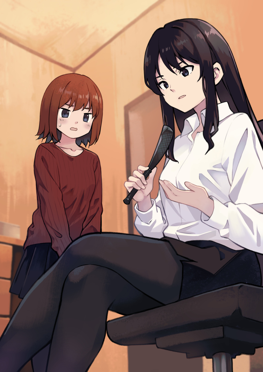 2girls akatsuki_miho akemiho_tabi_nikki black_eyes black_skirt black_thighhighs blush bob_cut breasts brown_hair ceiling chair commentary crossed_legs doorway dress_shirt gendai_ninjakko_zukan highres holding holding_riding_crop indoors kiryu_takako kouno_hikaru long_hair long_sleeves looking_ahead looking_at_another medium_breasts miniskirt multiple_girls nervous office_chair open_mouth original own_hands_together parted_lips pencil_skirt pleated_skirt red_sweater ribbed_sweater riding_crop shirt short_hair sitting skirt standing sweatdrop sweater swivel_chair thigh-highs v_arms white_shirt