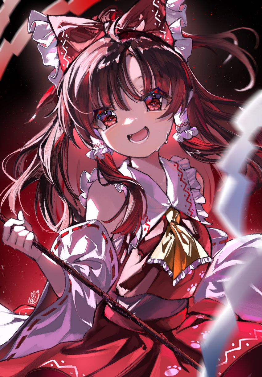 1girl ahoge ascot bare_shoulders bow brown_hair detached_sleeves gohei hair_bow hair_tubes hakurei_reimu highres holding holding_gohei japanese_clothes long_hair nontraditional_miko open_mouth paw_print red_bow red_eyes red_skirt ribbon-trimmed_sleeves ribbon_trim ringo_no_usagi_(artist) sidelocks signature skirt smile solo touhou unfinished_dream_of_all_living_ghost white_sleeves wide_sleeves yellow_ascot
