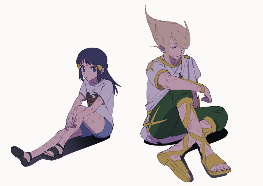 1boy 1girl akari_(pokemon) amiebi arm_on_knee blonde_hair blue_eyes blue_hair commentary_request hair_over_one_eye official_alternate_costume on_ground one_eye_covered pokemon pokemon_(game) pokemon_legends:_arceus scratches sidelocks simple_background sitting toes volo_(pokemon)