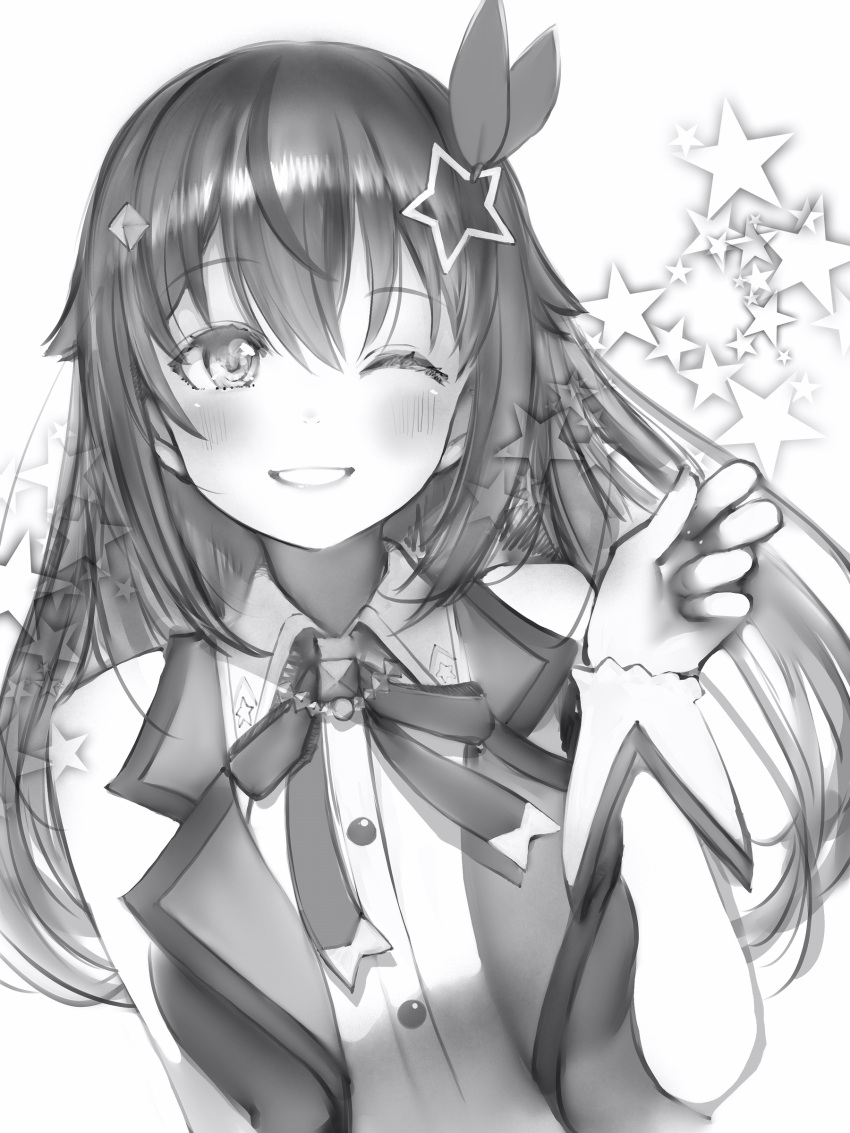 1girl ;) absurdres bare_arms bare_shoulders blush buttons greyscale hair_between_eyes hair_ornament highres hololive long_hair looking_at_viewer monochrome nanashi_(nlo) neck_ribbon one_eye_closed parted_lips ribbon simple_background sketch sleeveless smile solo star_(symbol) star_hair_ornament tokino_sora tokino_sora_(1st_costume) upper_body virtual_youtuber wrist_cuffs