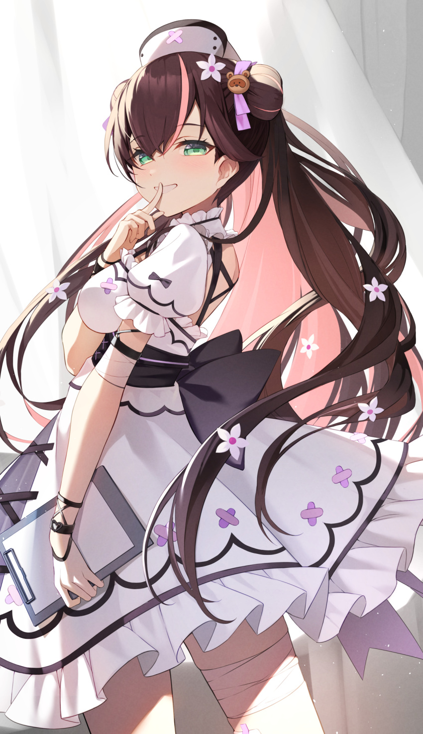 1girl bandaid bandaid_on_chest bandaid_on_leg brown_hair cowengium dress finger_to_mouth flower from_side green_eyes hair_flower hair_ornament hanamori_healthy hat highres indie_virtual_youtuber long_hair looking_at_viewer looking_to_the_side melty+ nurse nurse_cap profile raccoon_hair_ornament smile solo standing teeth twintails virtual_youtuber white_dress