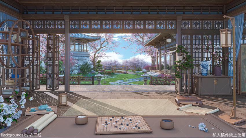 architecture blue_sky board_game bridge clouds cup day drawer east_asian_architecture flower flower_pot go_(board_game) indoors no_humans original plant sanxian_(wufs4222) scenery scroll shelf sky stone_lantern teacup teapot tray tree vase